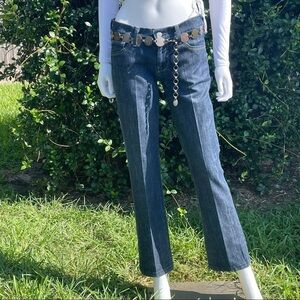 7 FAMK Dark Pleated Embroidered Bootcut Jeans